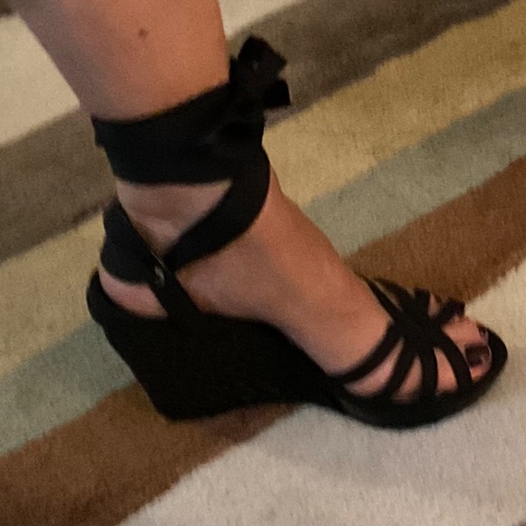 White House Black Market • Jennica black woven ribbon wedge lace up sandals 9.5 - Picture 4 of 6